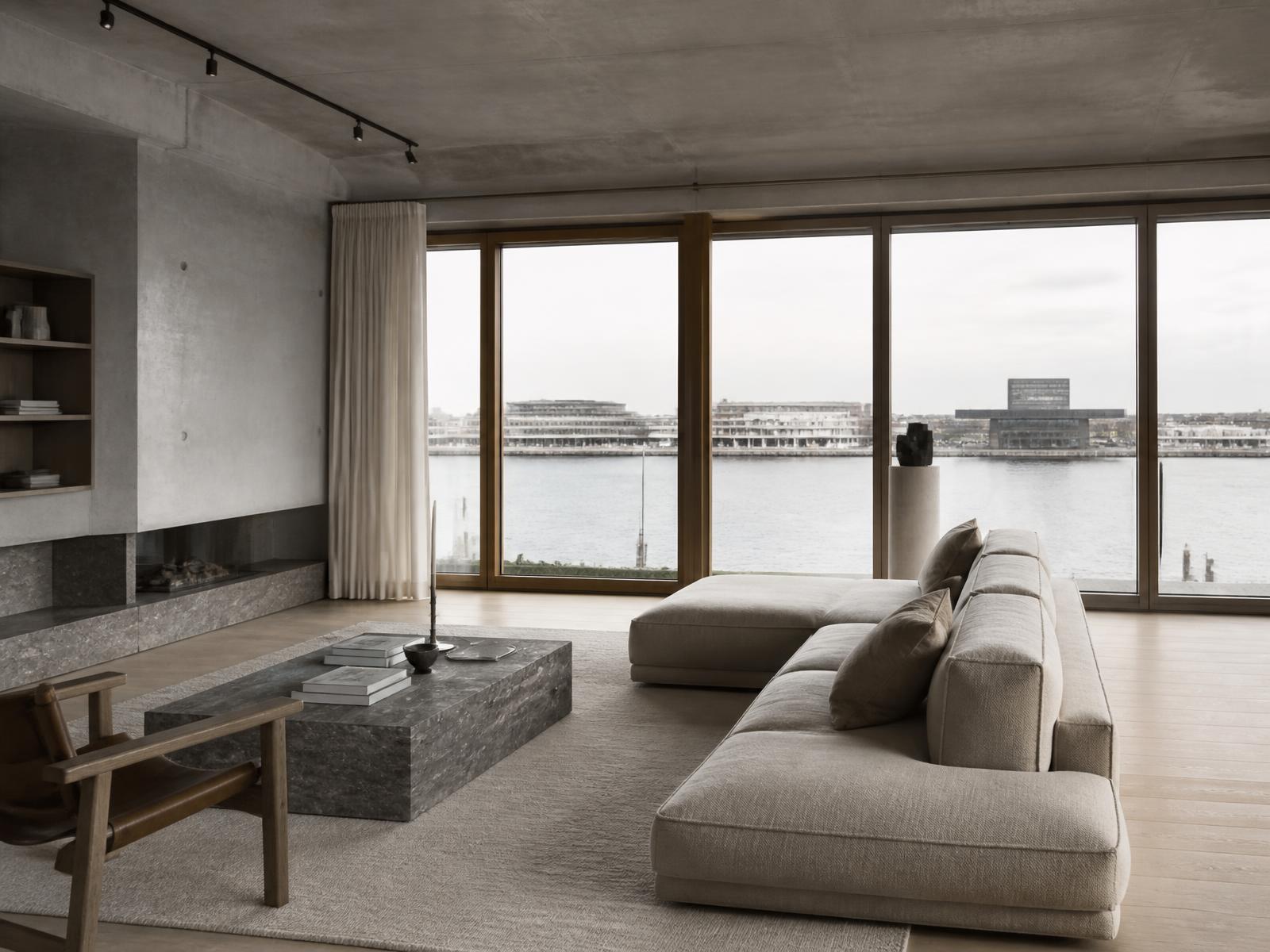 Penthouse living room in concrete and oak facing the harbour