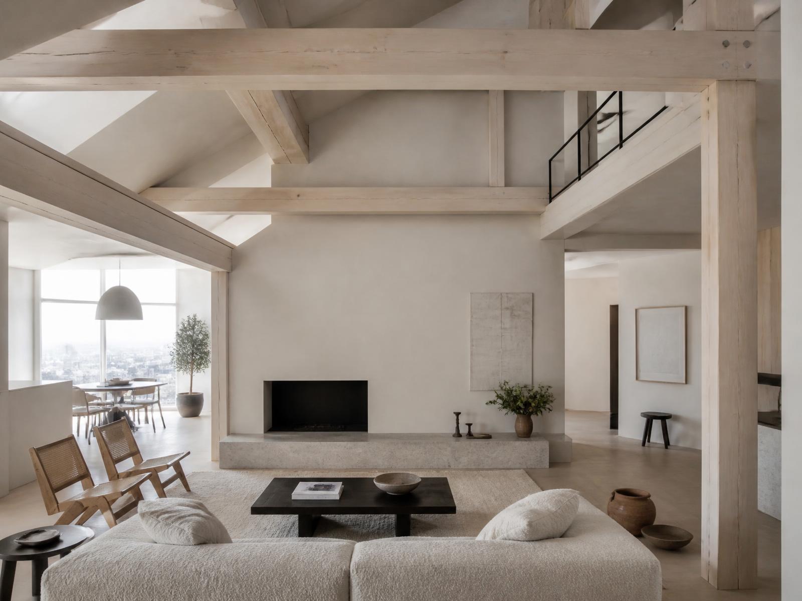 Open living space with bleached timber trusses and lime-plastered walls